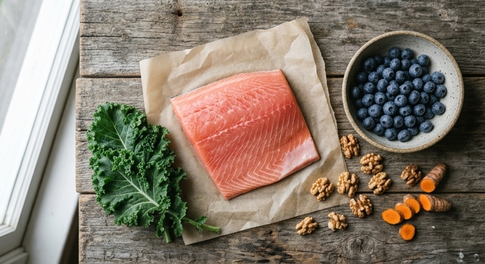 Overhead view of fresh salmon, kale, blueberries, walnuts, and turmeric root on a wooden table.