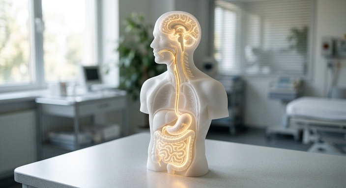 A medical model showing glowing lines connecting the digestive system to the brain to illustrate the gut-brain axis.