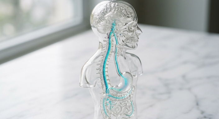 A glowing blue Vagus nerve connecting the brain and gut in a translucent medical sculpture.