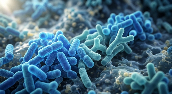 Microscopic 3D view of healthy blue and teal probiotic bacteria with soft natural light.