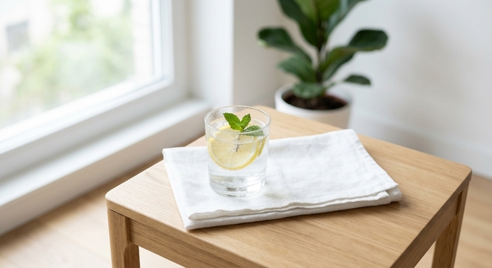 A glass of lemon water and fresh mint on a sunlit wooden table symbolizing mental clarity.