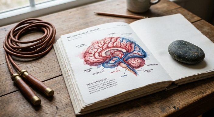 An artistic brain schematic showing oxygenation next to a jump rope in a flat lay composition.