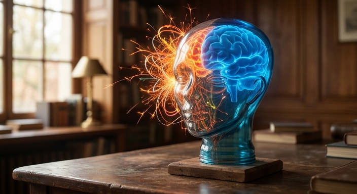 A glass head sculpture split between chaotic orange digital sparks and a calm blue interior on a desk.