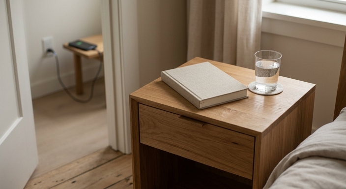 A peaceful bedroom nightstand with a book and water, with a phone charging in another room.