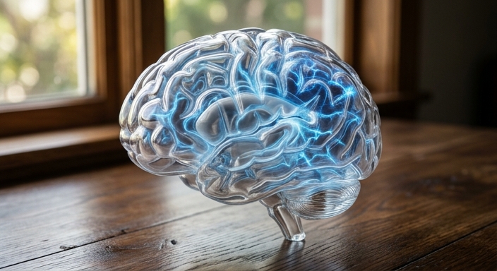 A translucent 3D glass brain model on a wooden desk showing glowing blue fluids representing the glymphatic system.