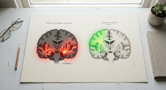 A flat lay of two medical brain diagrams comparing a stressed state in red and a meditative state in green.
