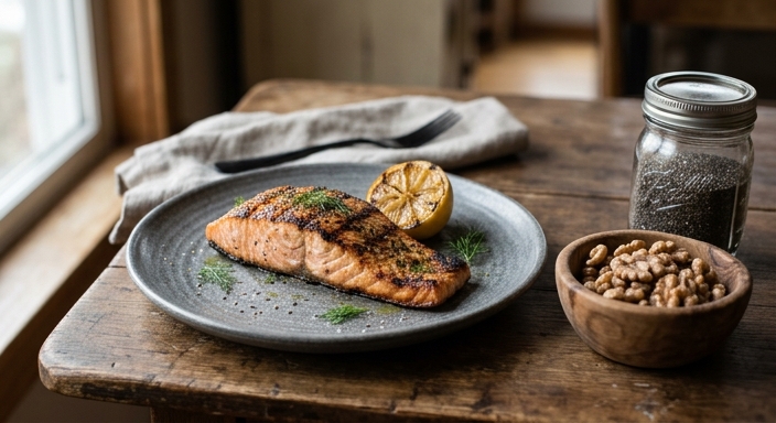 Grilled salmon fillet on a ceramic plate next to a wooden bowl of walnuts and a small jar of chia seeds on a rustic table.