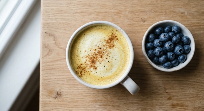 A frothy golden turmeric latte in a white mug beside a small bowl of fresh blueberries on a light wood surface.