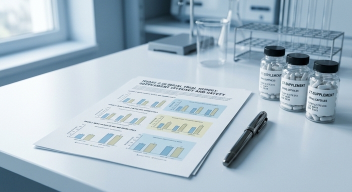 A scientific clinical study report and clear supplement bottles on a laboratory desk under natural light.