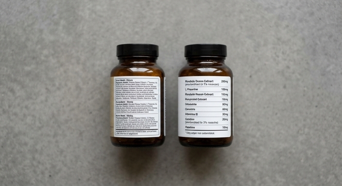 A comparison between a vague proprietary supplement label and a transparent label with specific ingredient dosages.
