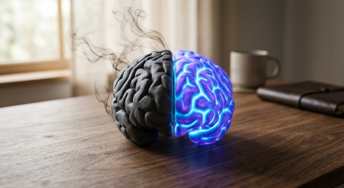 A 3D brain model on a wooden desk showing a transition from a foggy gray left side to a glowing neon blue and purple right side.