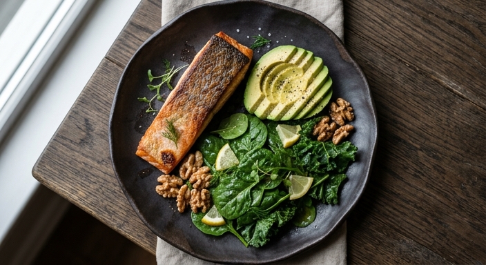 A top-down view of a dark ceramic plate holding a seared salmon fillet, sliced avocado, walnuts, and dark leafy greens.