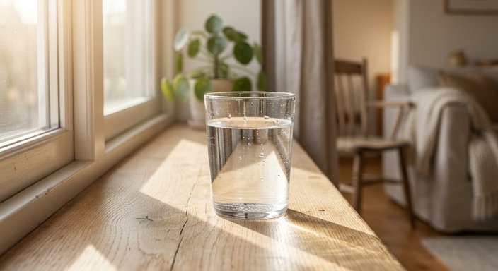 A minimalist glass of water on a light oak windowsill with warm morning sunlight and soft bokeh background.