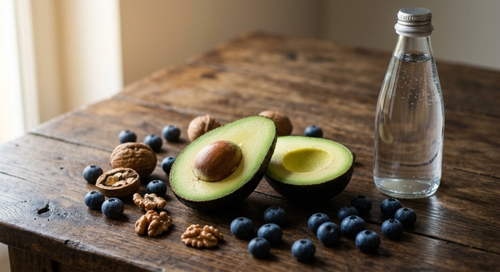 Vibrant arrangement of halved avocado, walnuts, blueberries, and mineral water on a dark rustic wooden table.