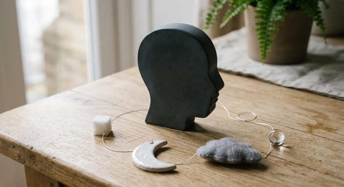 A physical diagram on a wooden surface featuring a head silhouette connected to a sugar cube, moon, cloud, and water droplet by wires.