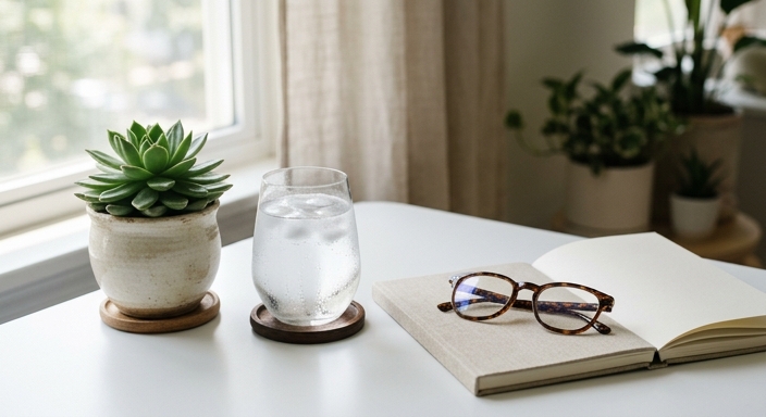 A clean, bright workspace featuring a potted plant, a glass of water, and blue-light blocking glasses on a white desk near a window.