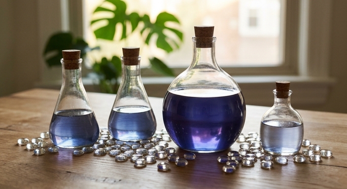 A conceptual physical diagram of four glass vessels on a wooden table representing sleep stages, with a glowing vessel symbolizing deep sleep and cognitive detox.