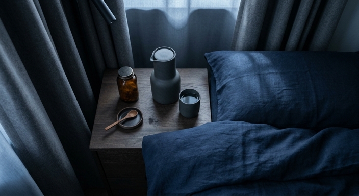 A top-down view of a minimalist bedroom featuring navy blue linens, an amber supplement bottle, a water carafe, and blackout curtains in cool morning light.