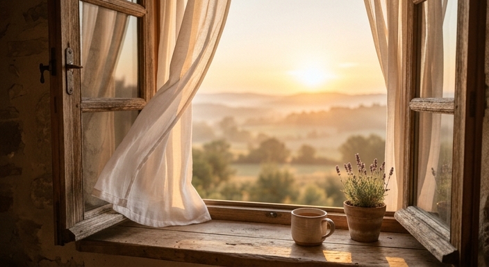A wide open window with white curtains looking out onto a bright sunrise horizon in the early morning.
