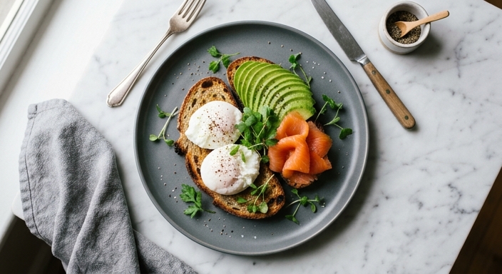 Top-down view of a healthy breakfast with poached eggs, avocado, and smoked salmon on sourdough bread.