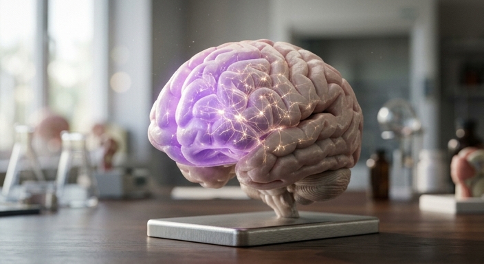 A translucent 3D human brain model with a glowing purple prefrontal cortex and firing neural connections.
