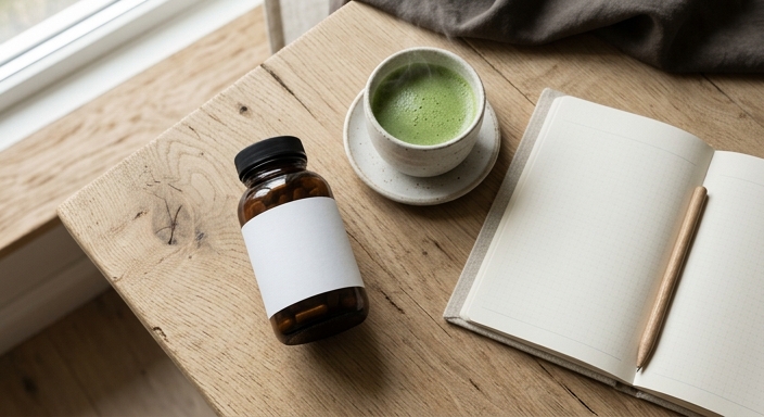 A minimalist flat-lay of a wooden desk featuring a dark supplement bottle, green tea, and an open planner.