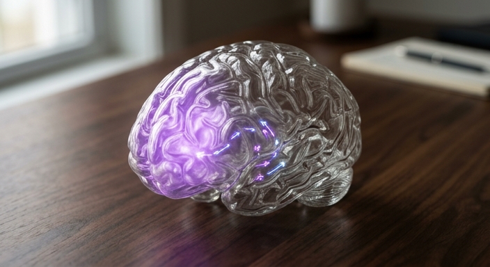 A glass anatomical brain model on a wooden desk with a glowing purple prefrontal cortex and neon dopamine pathways.