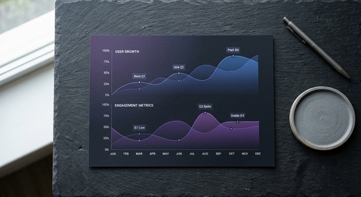 A professional flat lay of a printed chart comparing workflow patterns in deep blue and purple tones on slate.