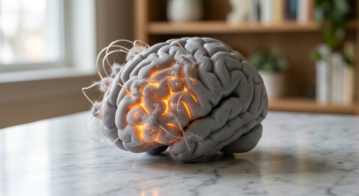 A 3D model of a human brain with glowing amber areas showing inflammation and grey clusters blocking blue fiber-optic neural signals.