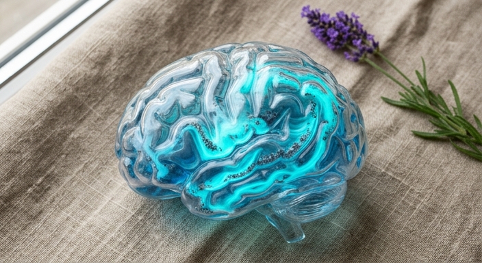 A flat lay of a glass brain model with flowing blue fluid and grey particles representing the glymphatic system clearing waste.