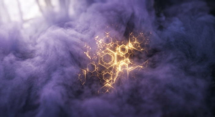 A surreal breakthrough of golden geometric patterns piercing through dense purple-tinted mist symbolizing clarity.
