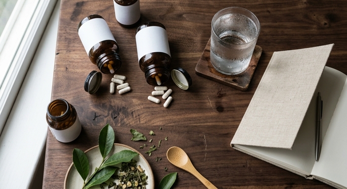 Top-down view of a morning nootropic routine featuring supplement bottles, water, and a journal on a desk.